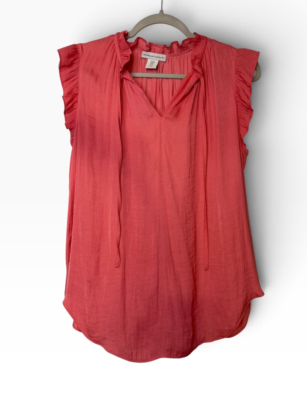 cupcakes & cashmere Coral Ruffle-Sleeve Tie-Front top